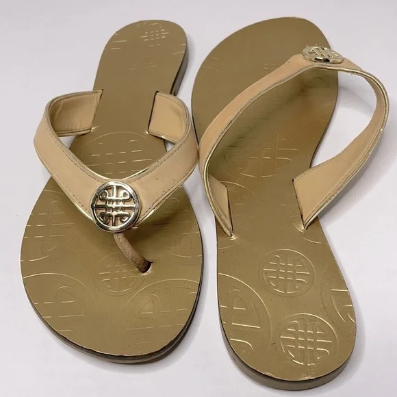 Fashion Gold leather Flip Flop Sandals Sz 9 - Picture 3 of 8